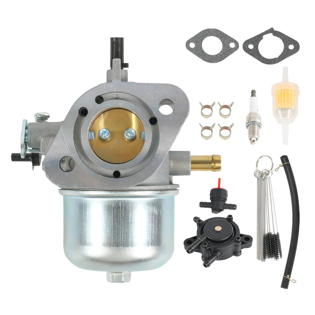 Carburetor kit with metal carburetor body, gaskets, jets, filter, hoses, and spark plug