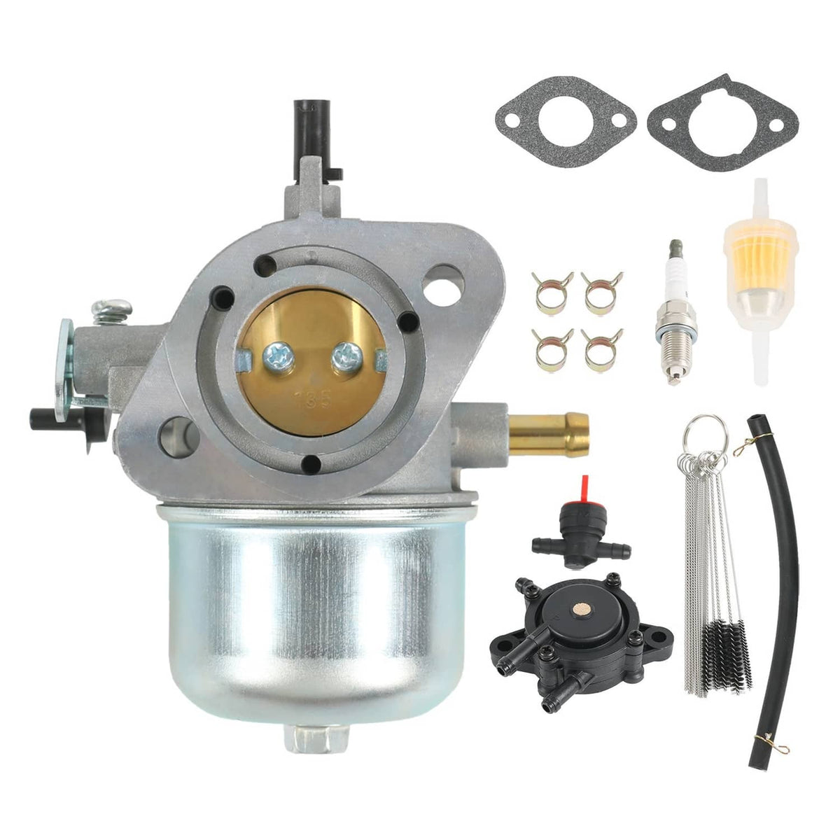 Carburetor kit with metal carburetor body, gaskets, jets, filter, hoses, and spark plug