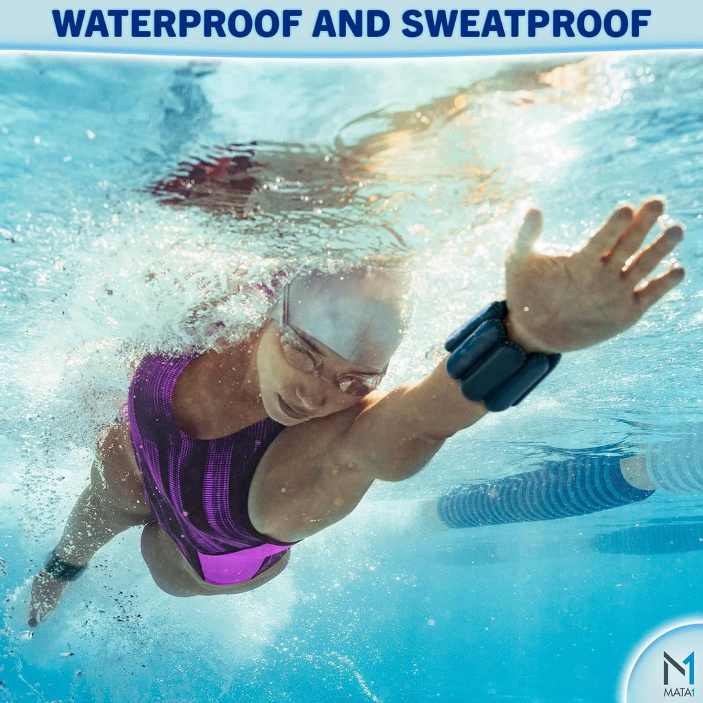 Black wrist weight with elastic strap on an athlete underwater