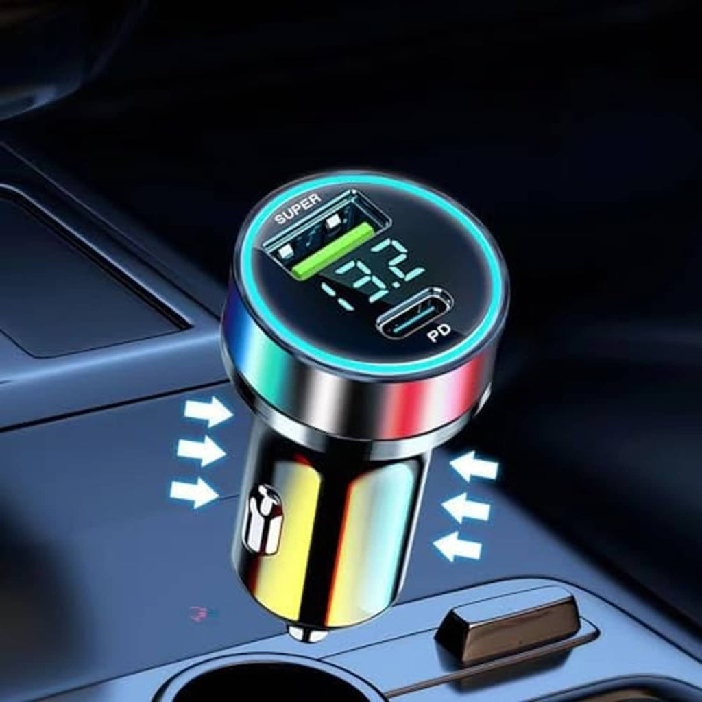 Car USB-C fast charger adapter with lit LED panel and dual USB ports on console