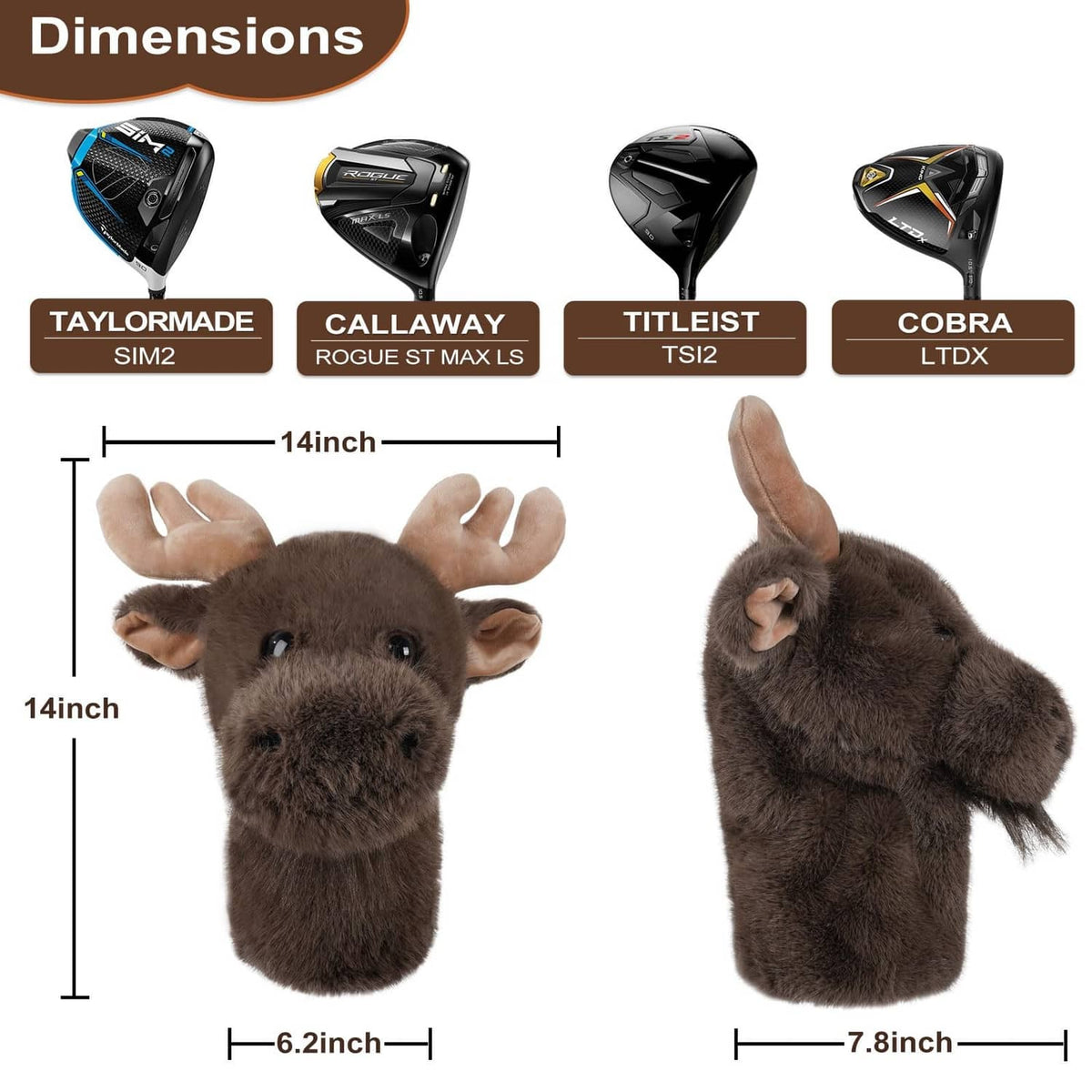 Moose plush golf driver headcover in brown; approx 14 in height