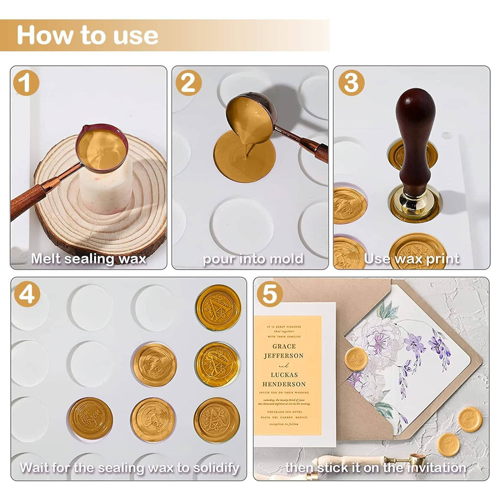 Silicone wax seal mat tutorial steps showing melt, pour, wait, and press into cavities