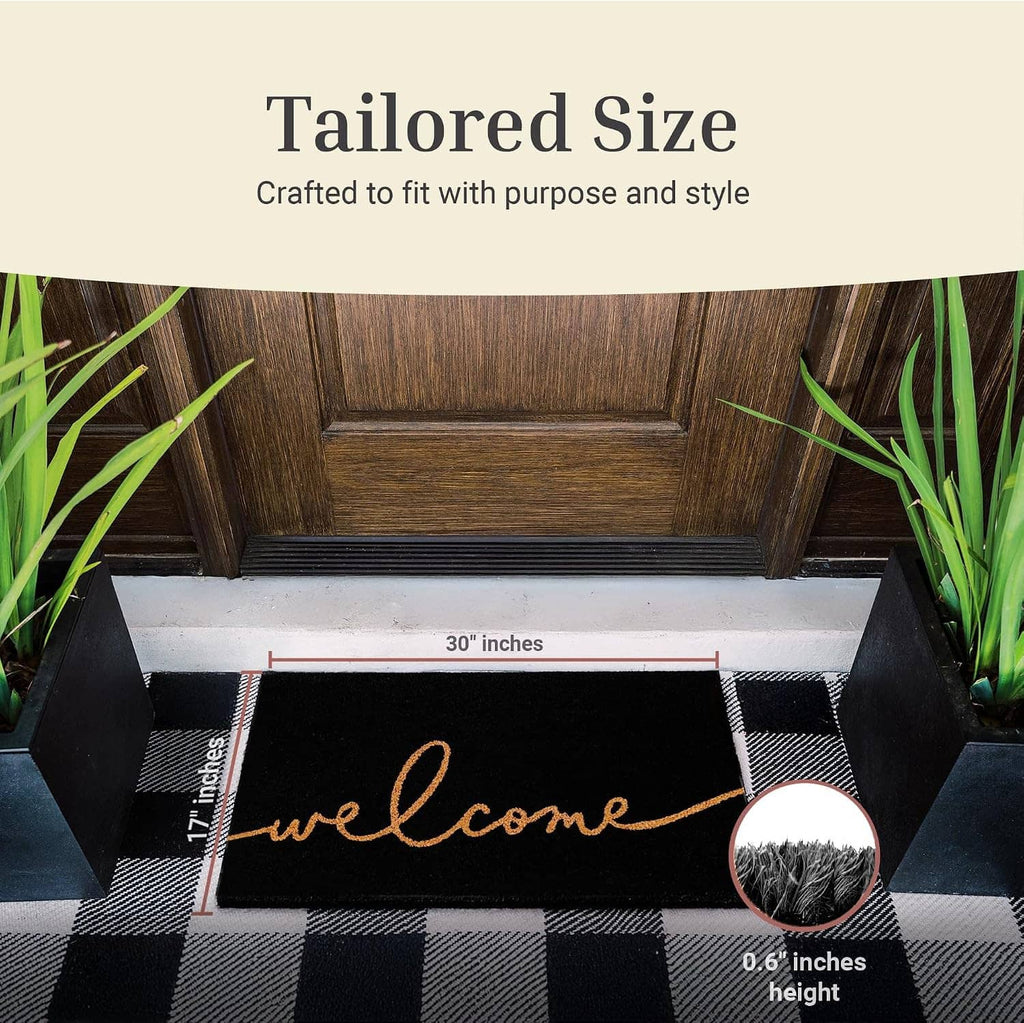 Black coir doormat with orange “welcome” and buffalo check border, 0.8 in height