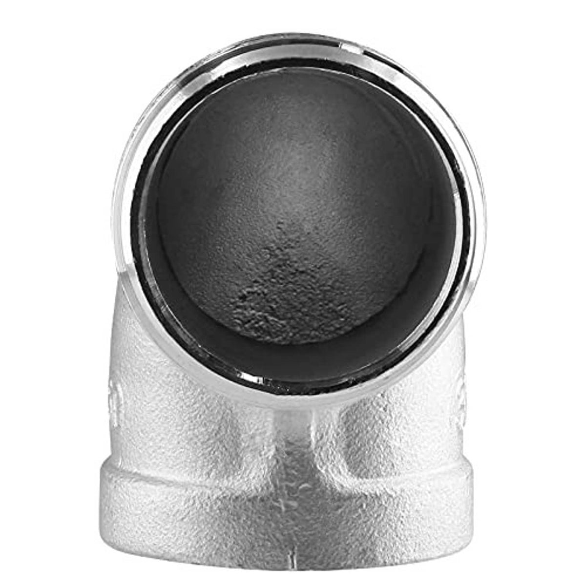90-degree stainless steel elbow fitting end view with internal bore and threaded connection