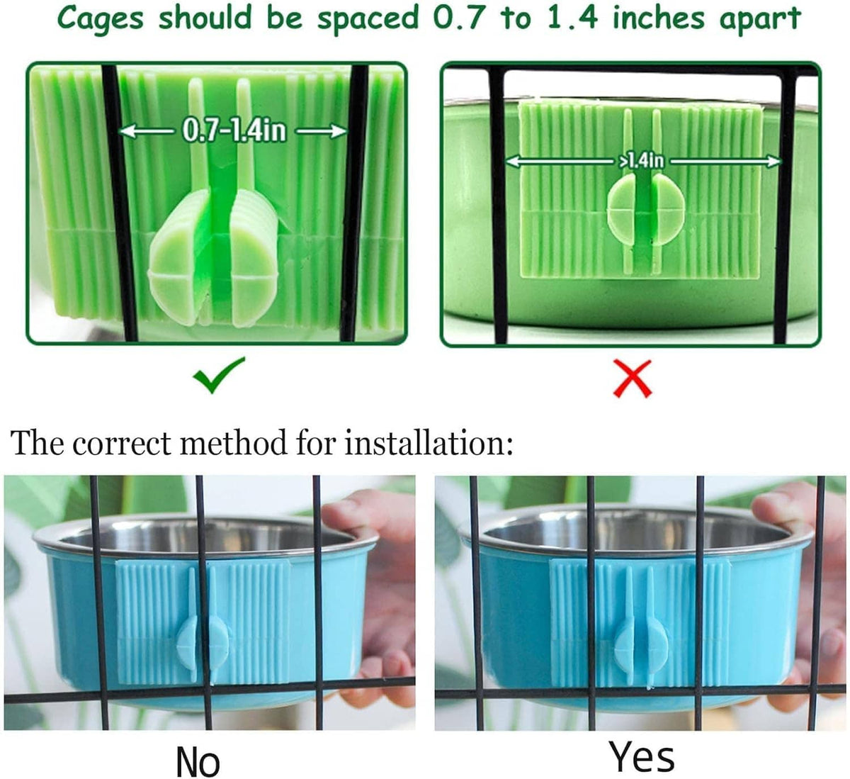 Pet bowl spacing guide showing correct installation between cage bars and mounts