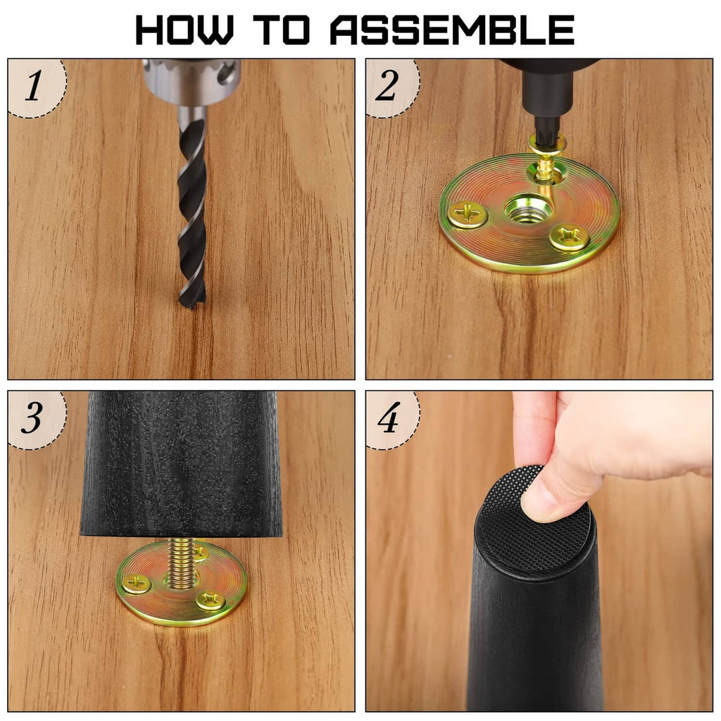 Installation of M8 T-nut and screw on black plastic furniture leg
