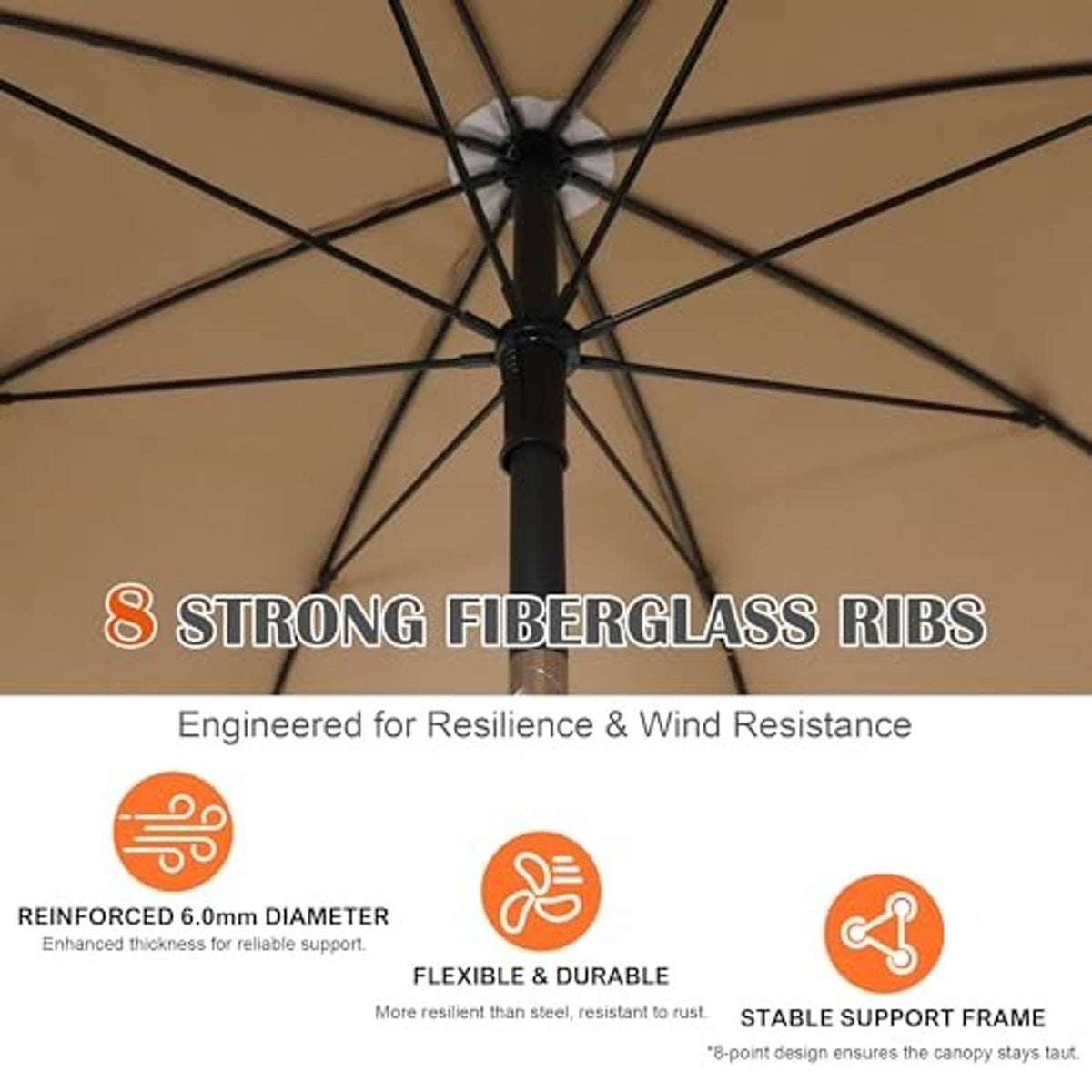Tan umbrella canopy underside with black rib framework and center hub