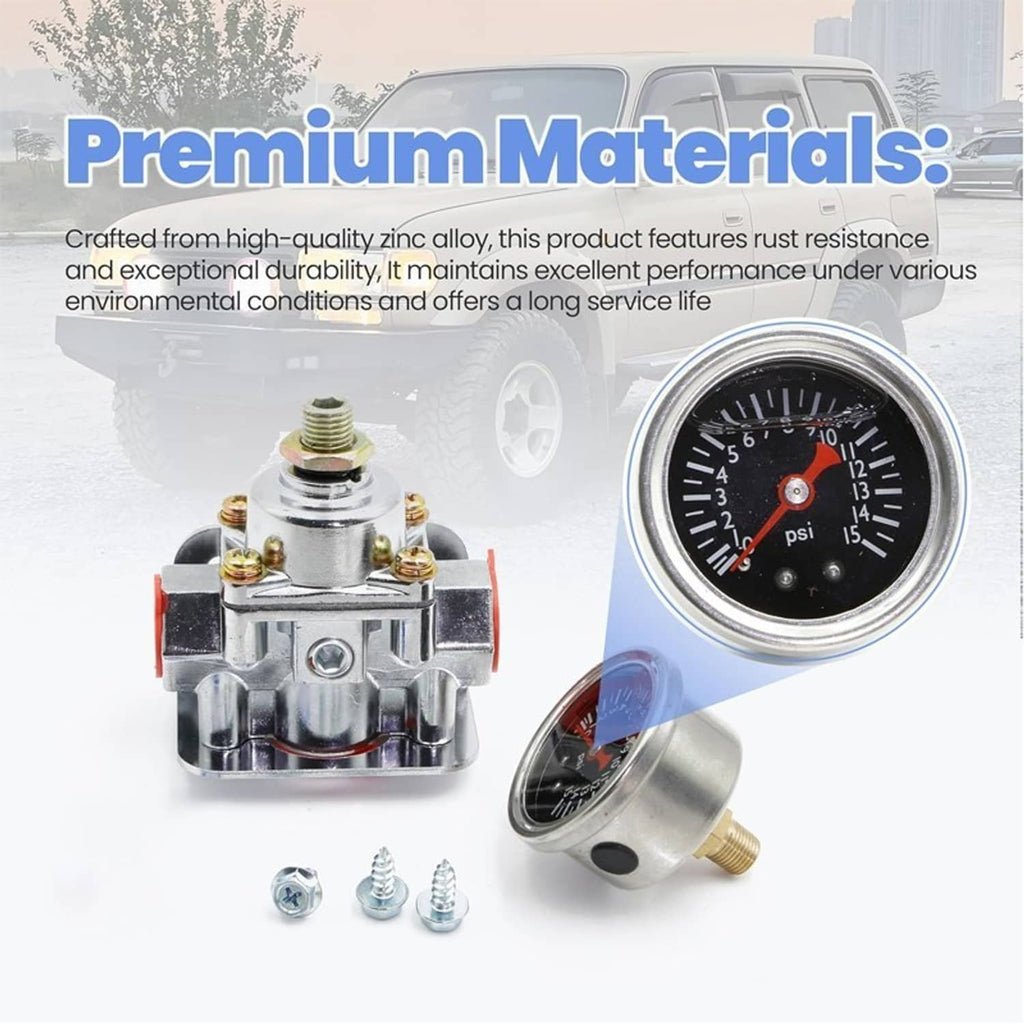 Low fuel pressure regulator with round fuel pressure gauge and silver metal housing