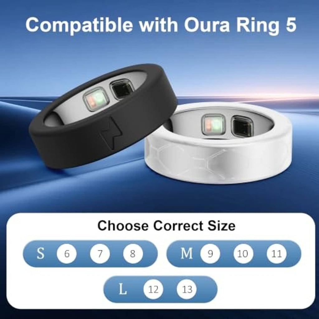 Oura Ring M cover pair: dark gray and white slim cases with star-patterned band