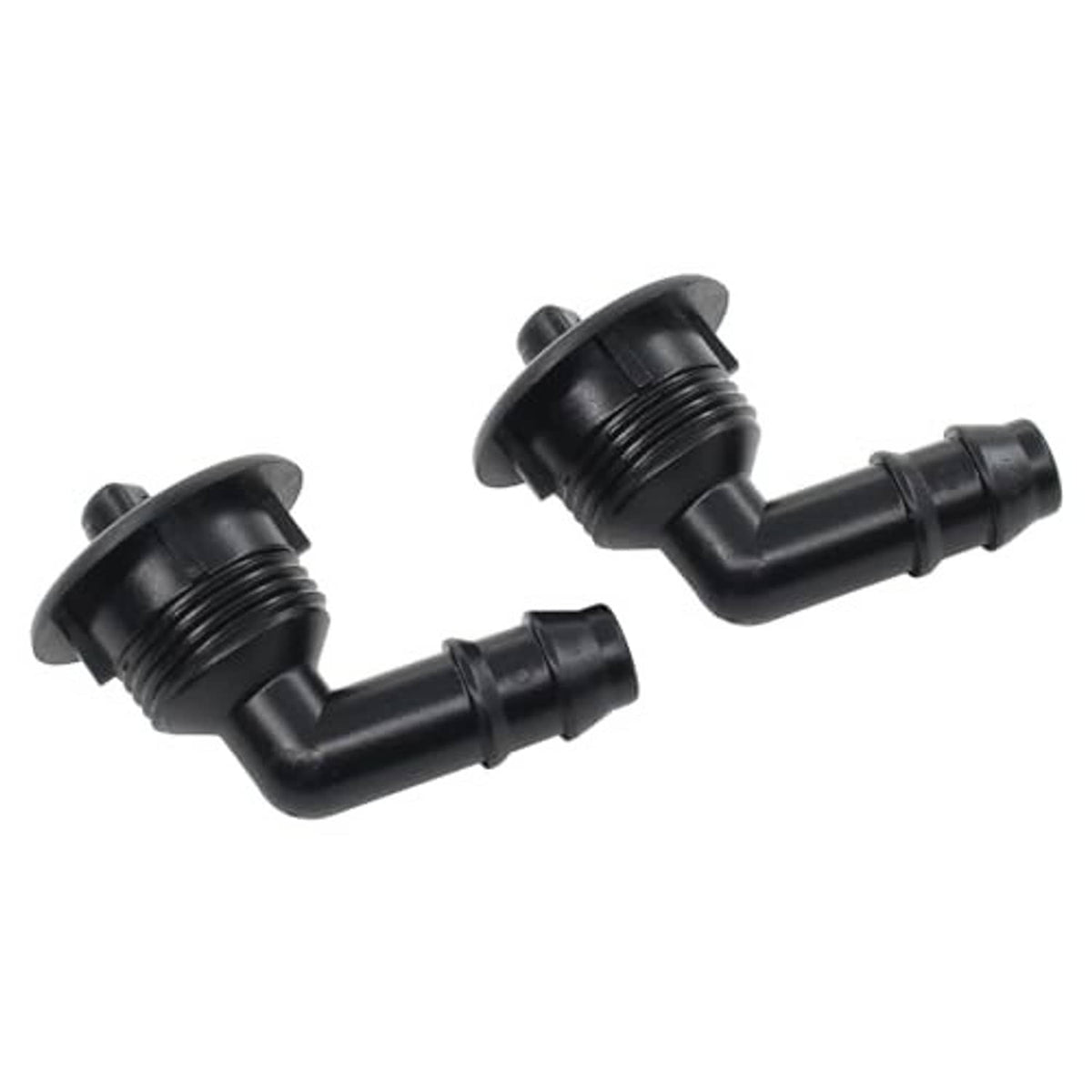 Pair of black washer nozzle sprayers with threaded mounting caps and elbows