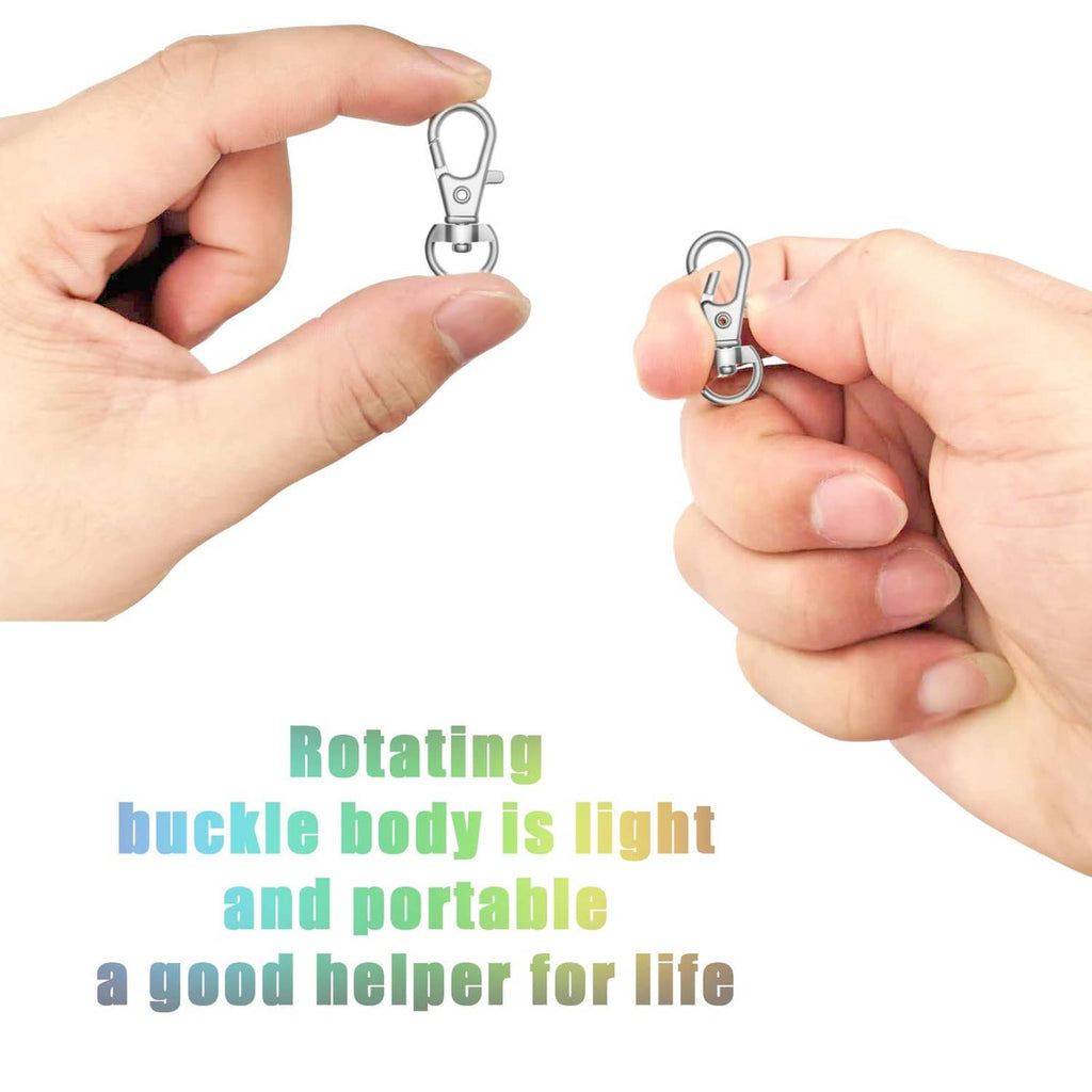 Lobster claw key ring clasp with rotating buckle, demonstrated by hands