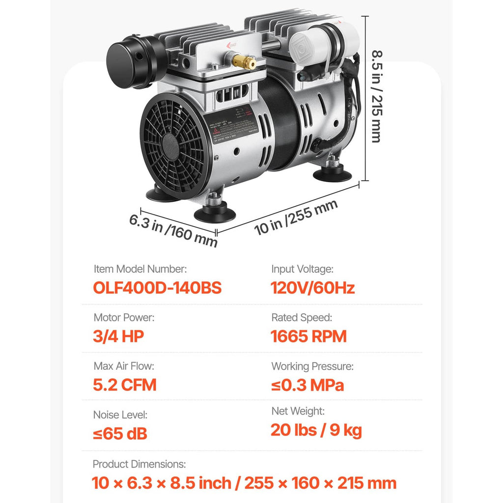 Pond aerator compressor diagram showing dimensions, power, airflow, and noise level
