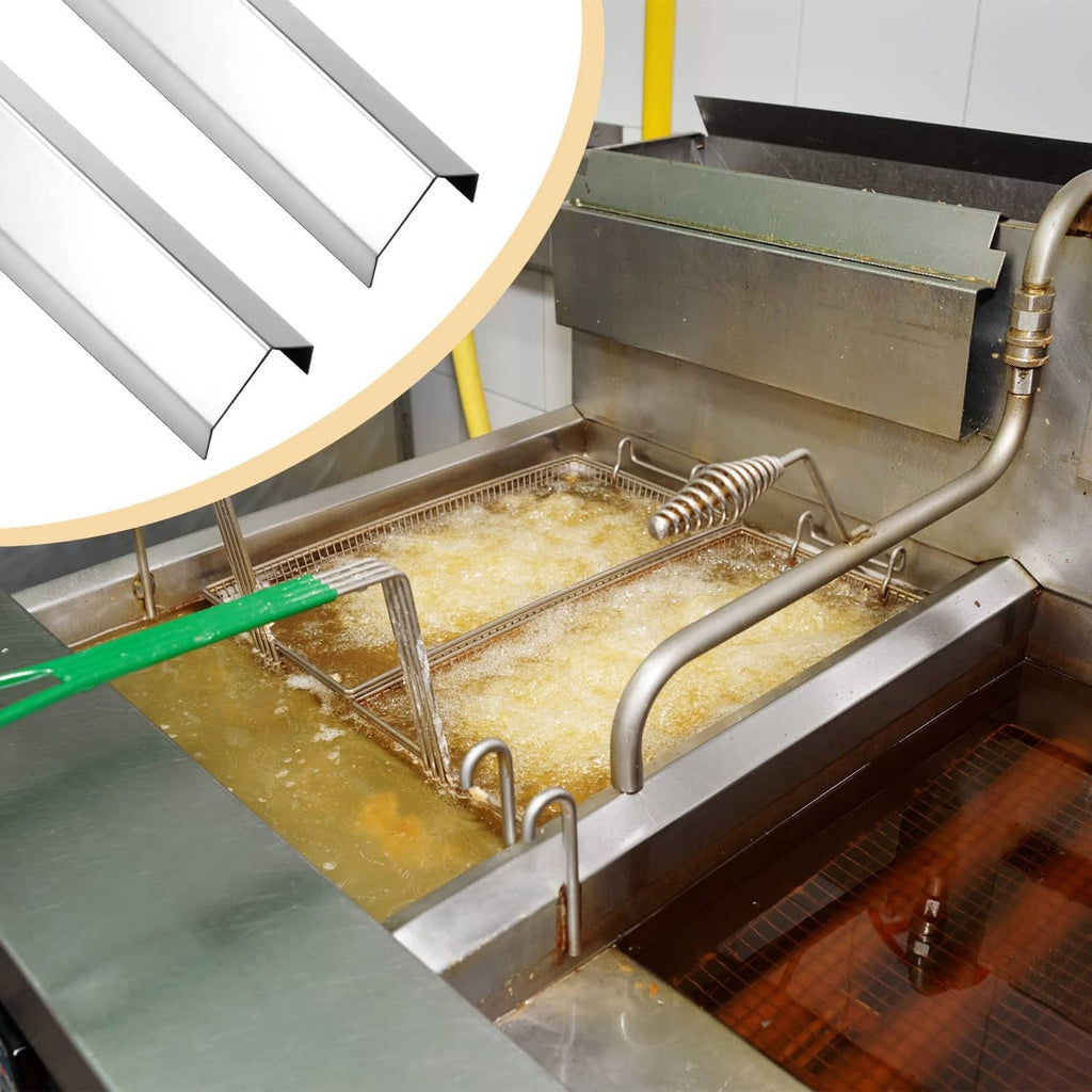 Stainless steel splash guards along deep fryer tank edges beside fryer basket