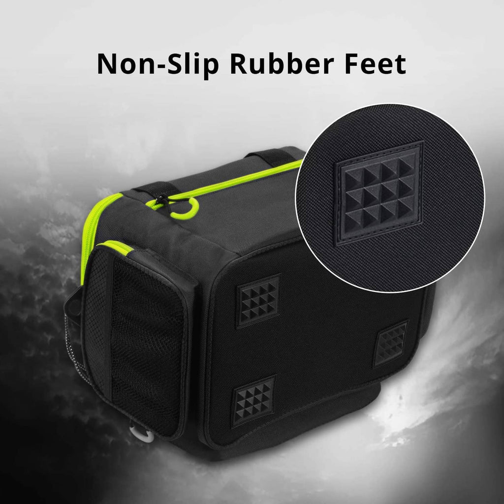 Black tackle bag with non-slip rubber feet and neon green piping