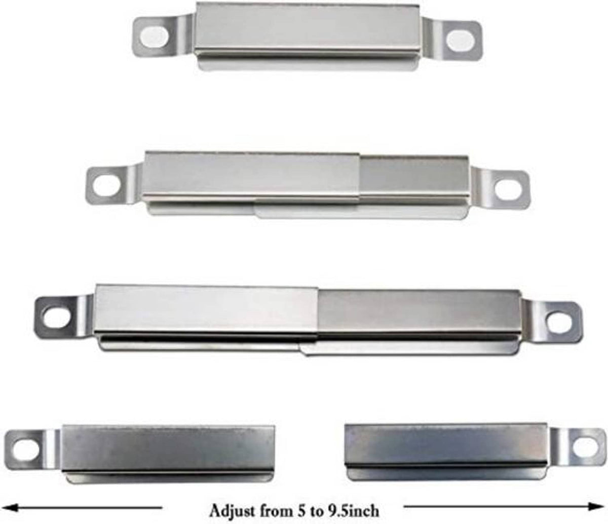 Adjustable silver crossover burner plates with end mounting tabs and slots