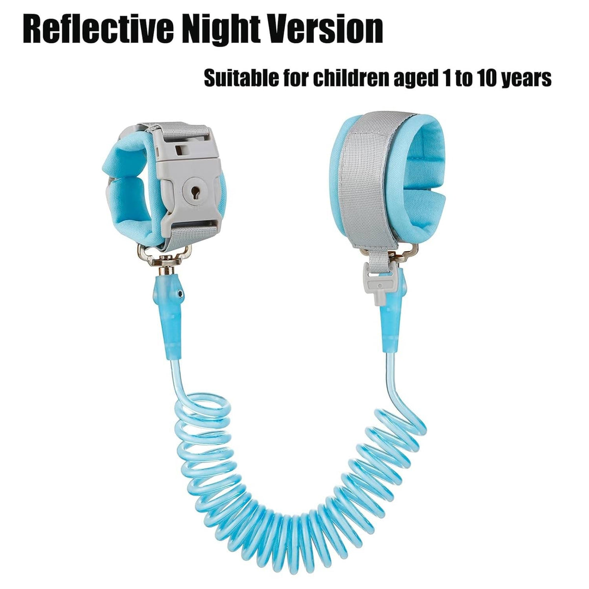Toddler anti-lost wrist link leash with two light blue wrist cuffs and coiled tether