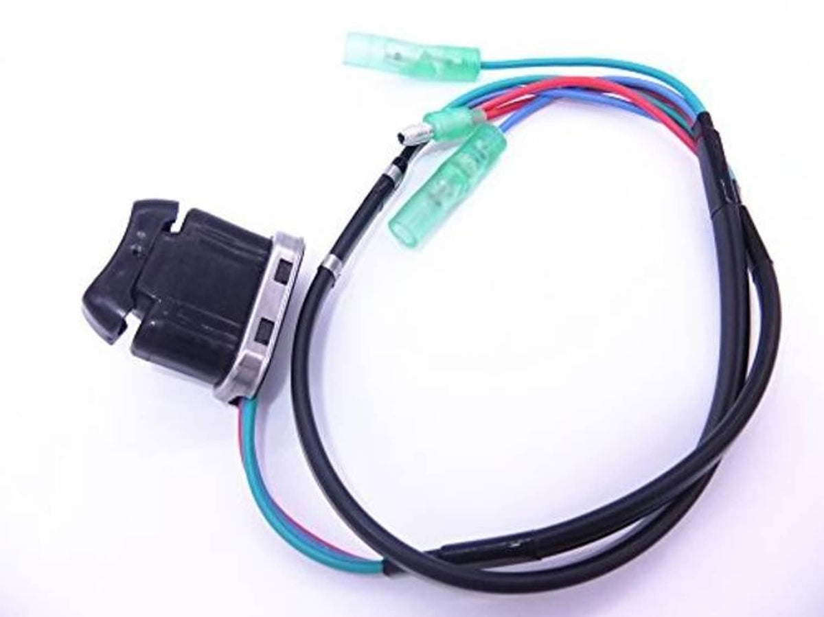 Outboard trim and tilt switch wiring harness with black plug, colored wires, green terminals