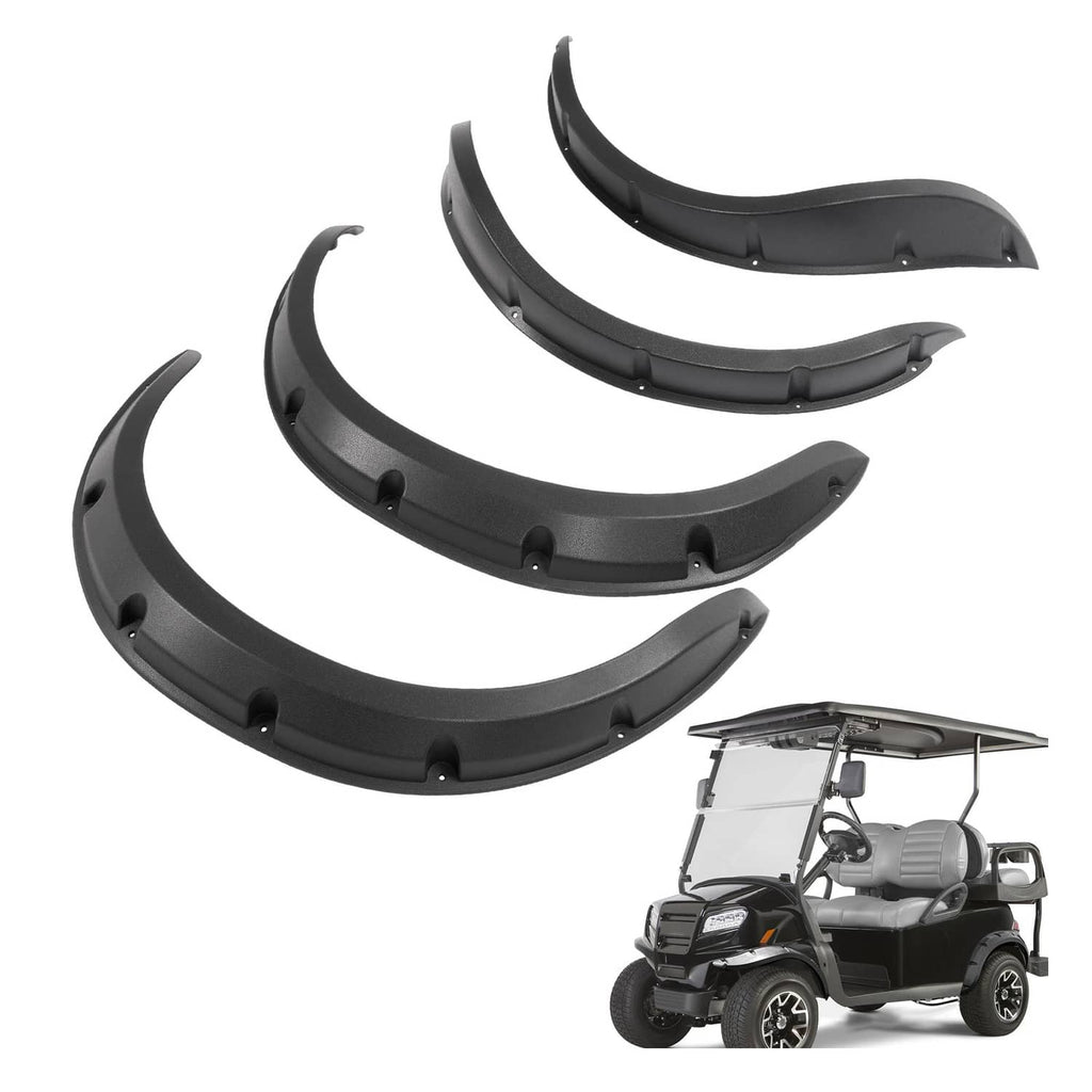Black golf cart fender flare set with multiple curved panels and mounting brackets