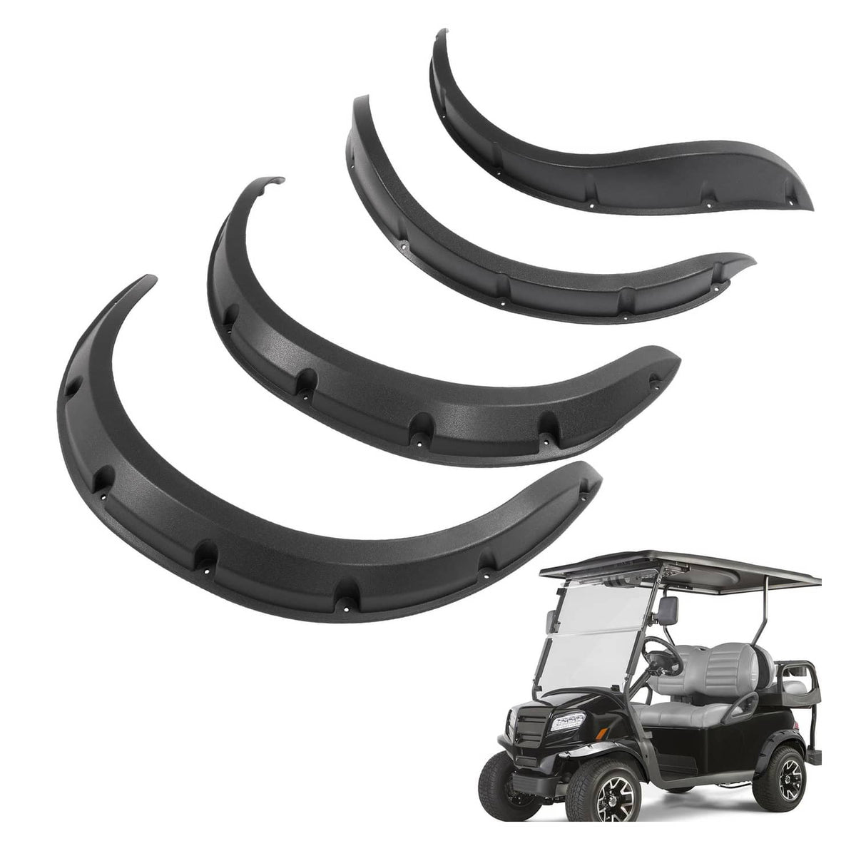 Black golf cart fender flare set with multiple curved panels and mounting brackets