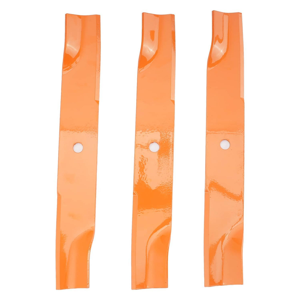 Three orange mower blades, end view showing round center holes