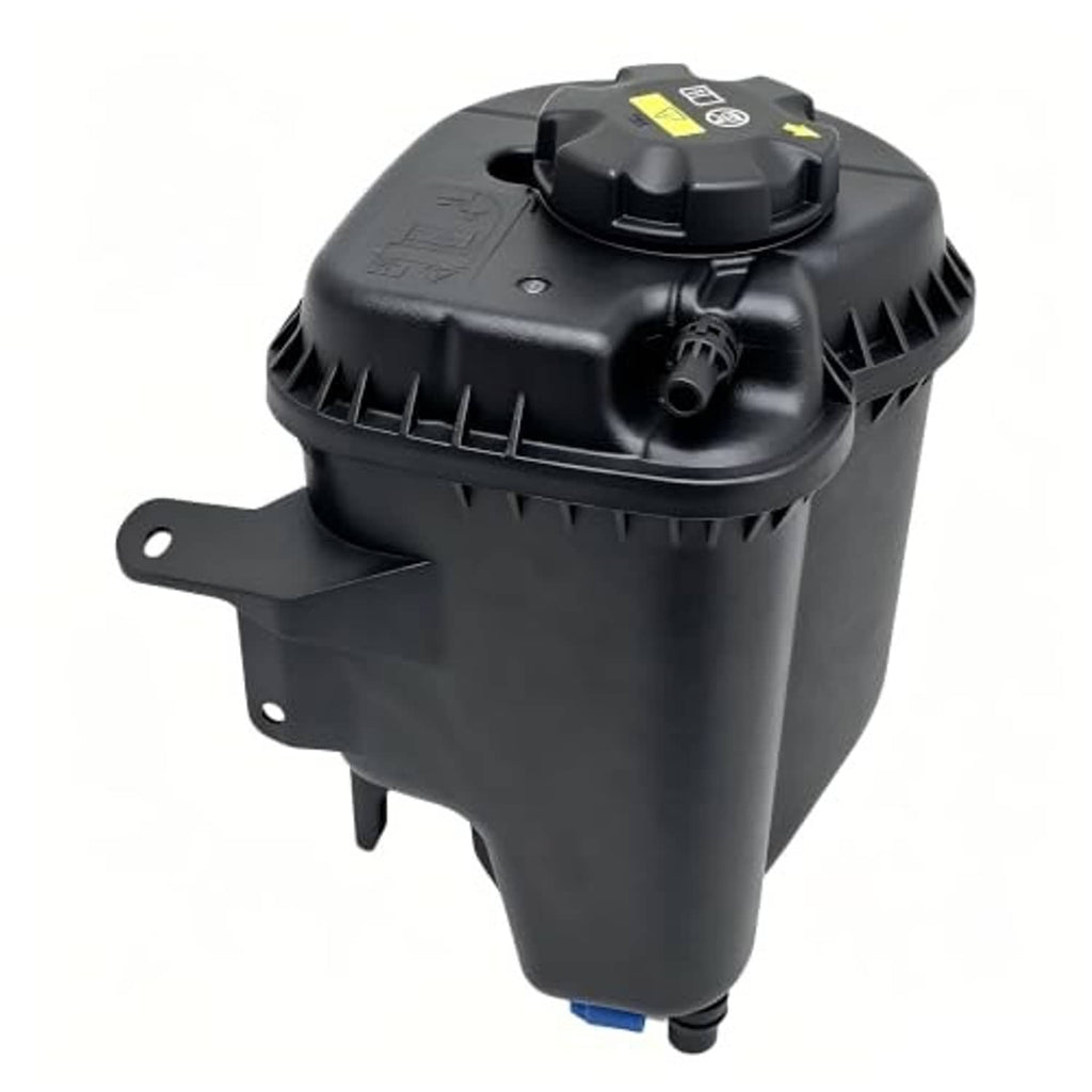 Engine coolant reservoir tank with cap and sensor, black plastic housing with side fittings