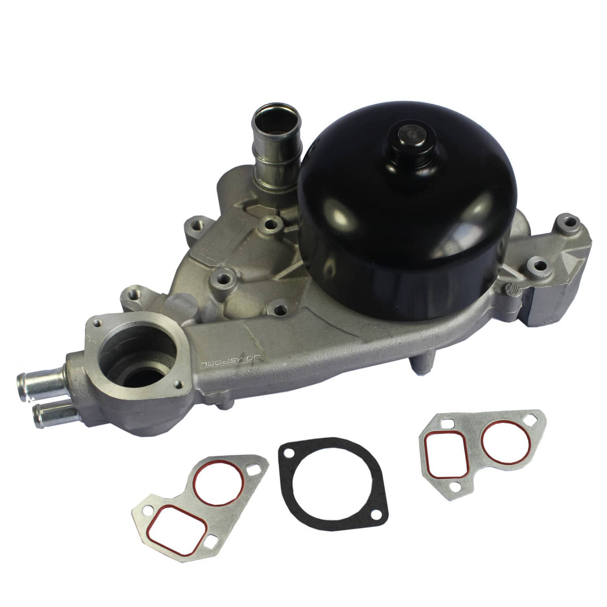 Water pump assembly with black cap, silver housing, and multiple gasket shapes