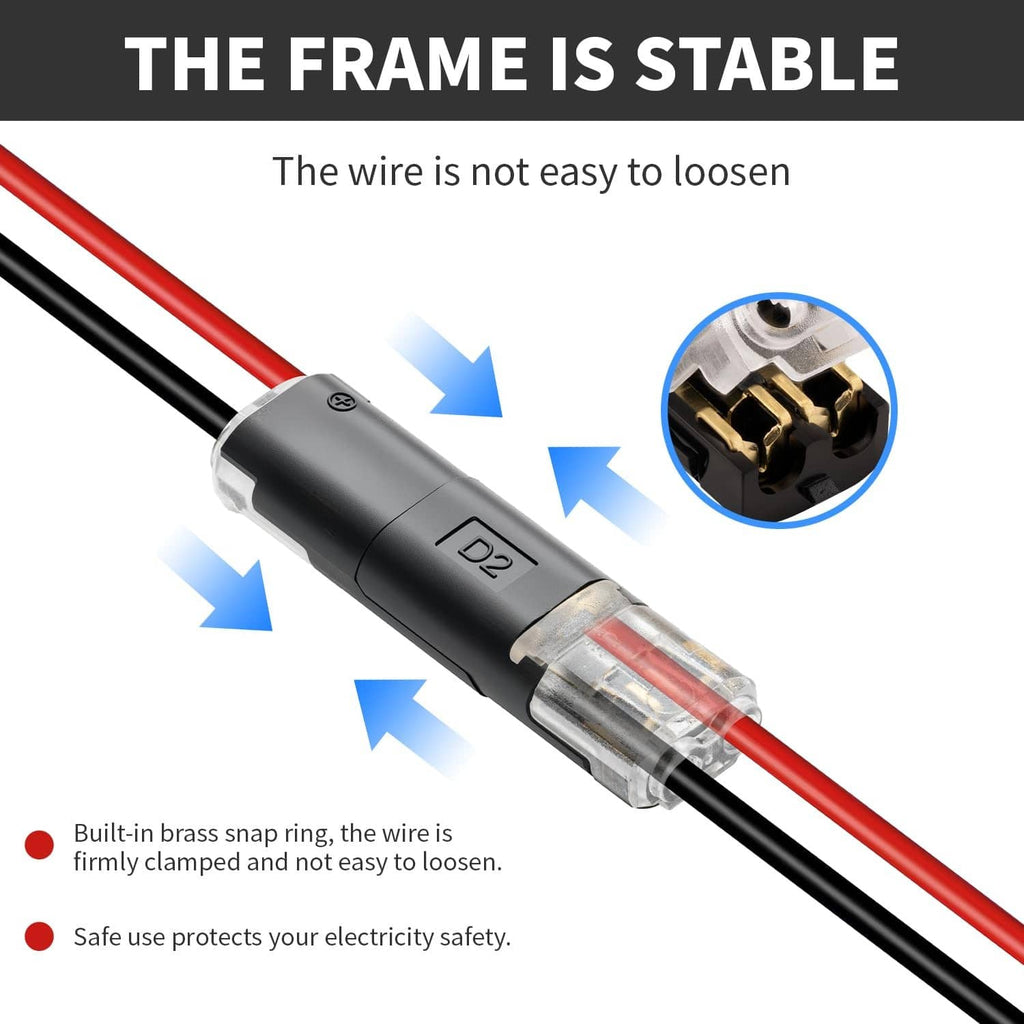2-pin quick splice connector with stable clamping frame on red and black wires