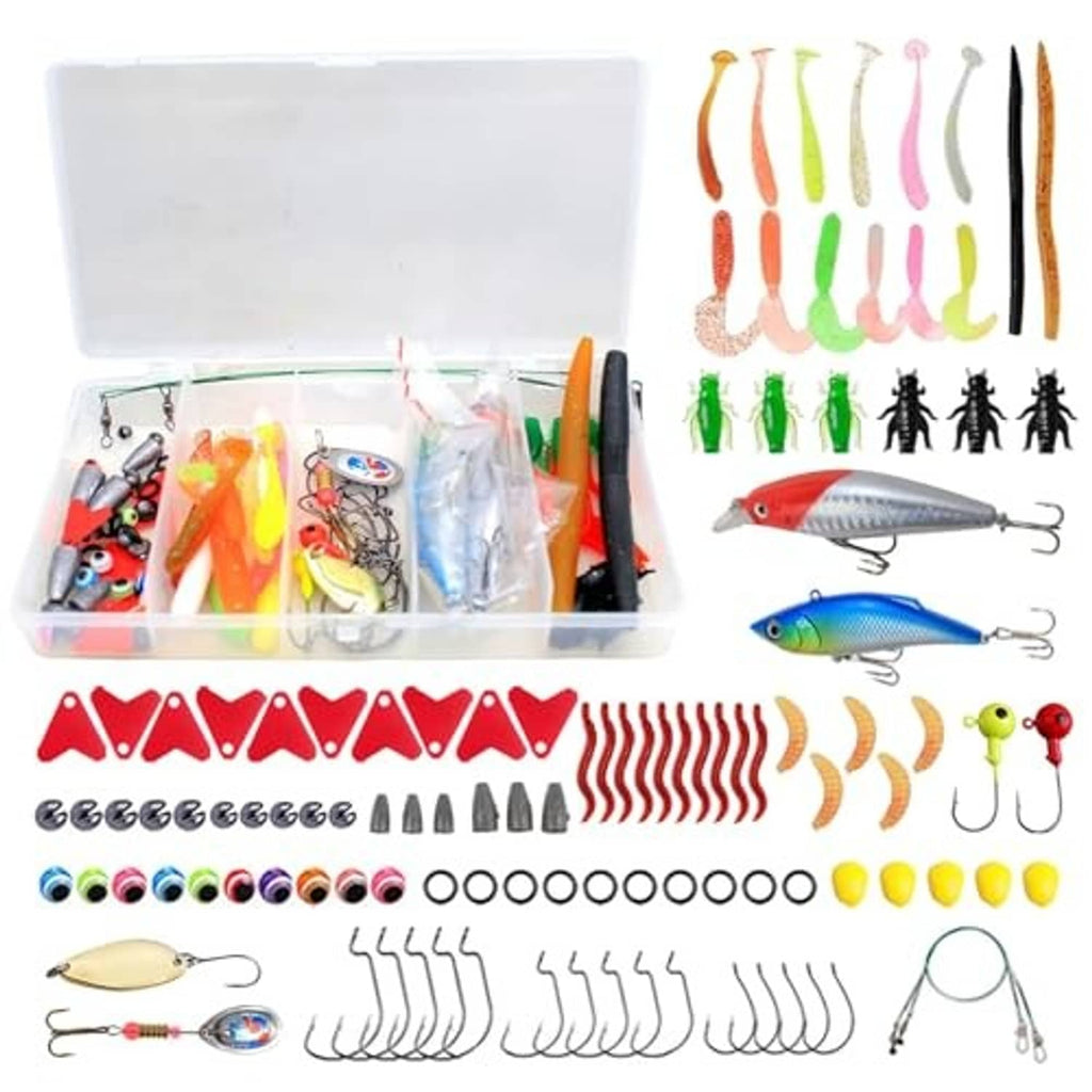 Open fishing tackle box with assorted crankbaits, soft lures, hooks, and rolling swivels