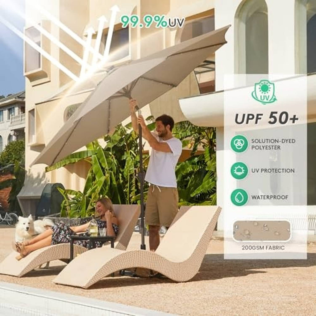 Beige patio umbrella with sunlit canopy and UV-protective, waterproof fabric