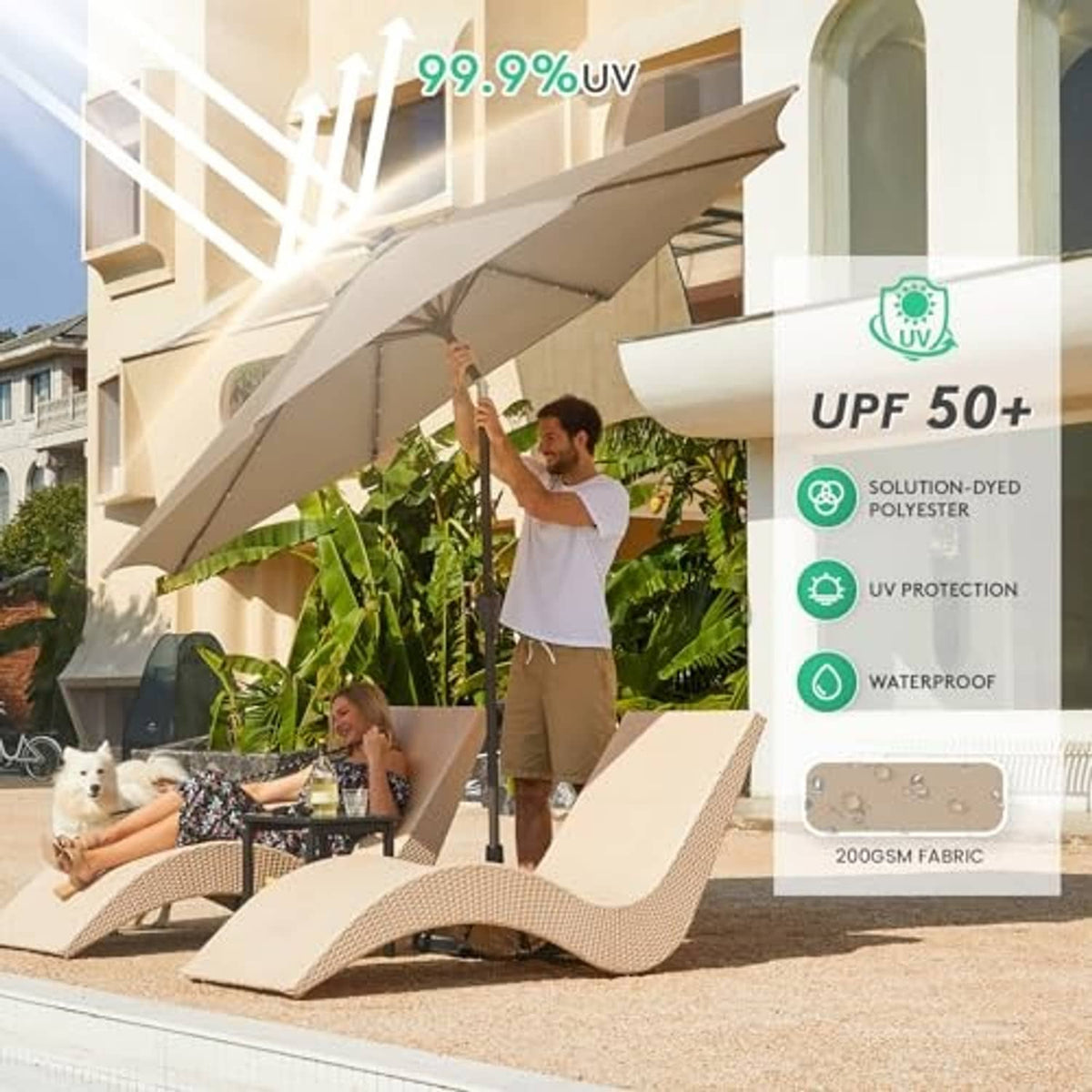 Beige patio umbrella with sunlit canopy and UV-protective, waterproof fabric