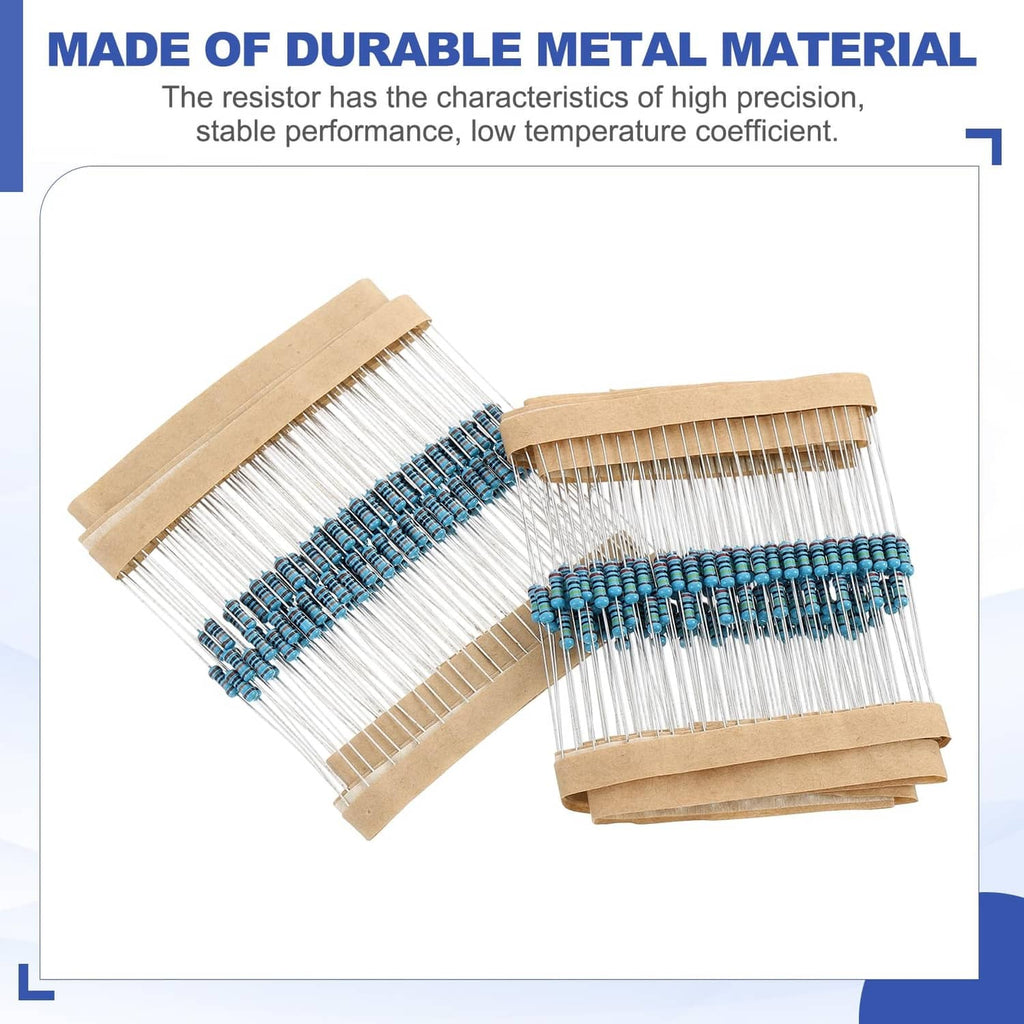 Metal film resistor set on paper strips, blue and red bands, axial leads