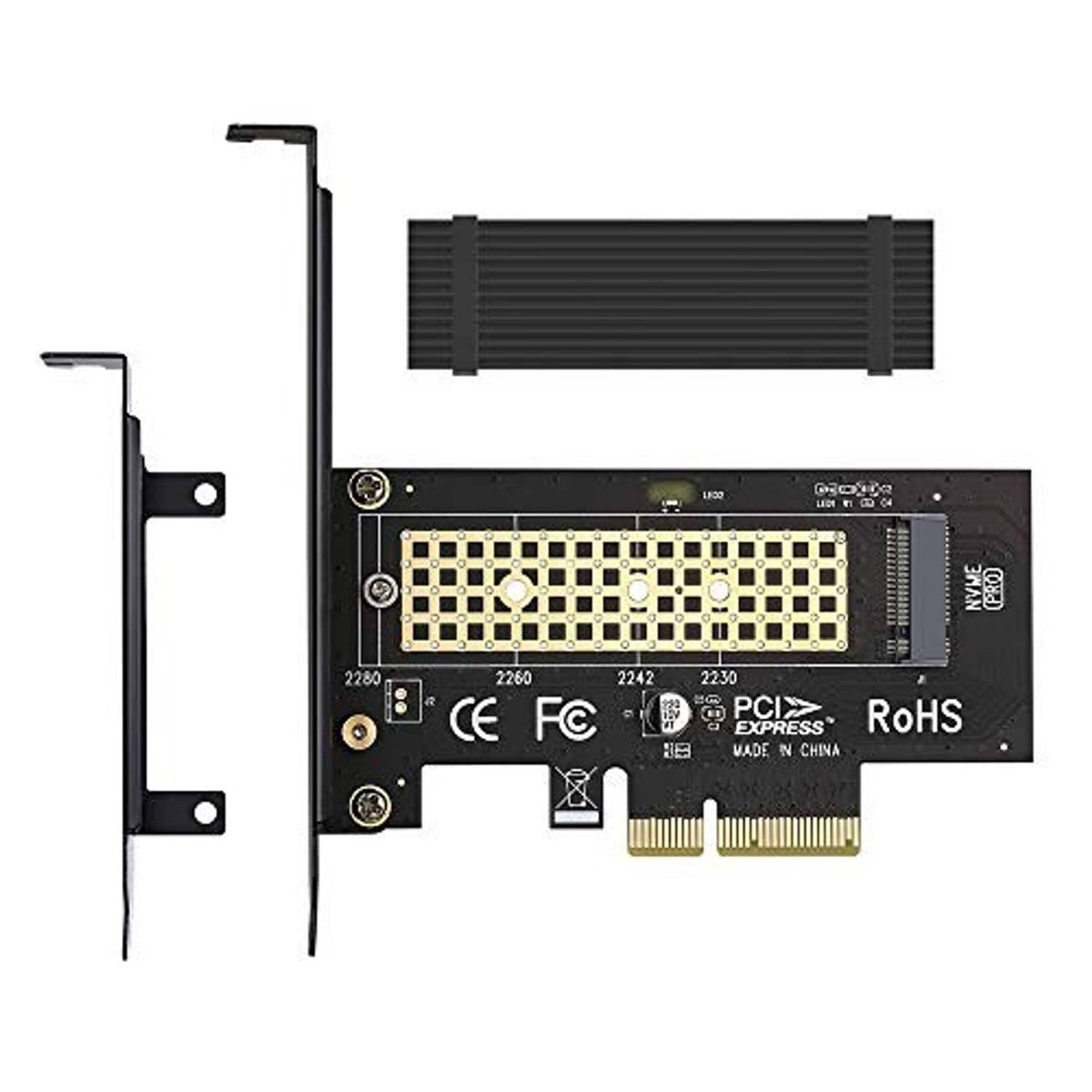 M.2 NVMe to PCIe x4 adapter with black heatsink, bracket, and PCIe edge connector