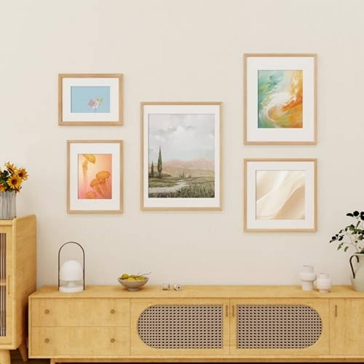 Natural oak picture frames with white mats arranged as a wall gallery