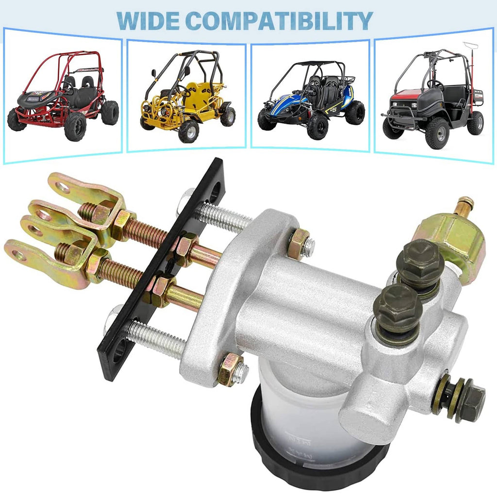 Hydraulic brake master cylinder with aluminum housing, side bolts, and brake outlet fitting