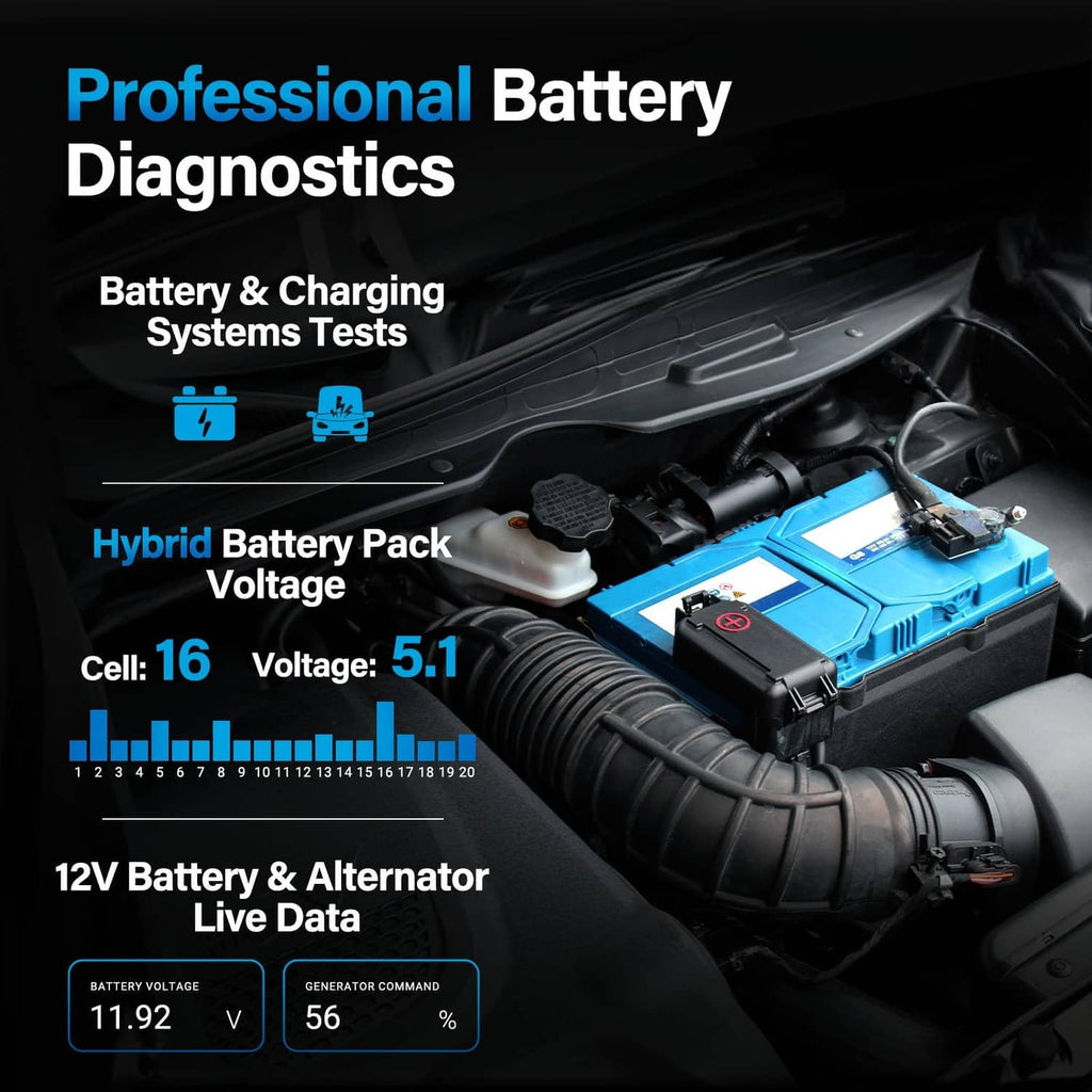 OBD2 scanner unit beside engine bay for professional battery diagnostics