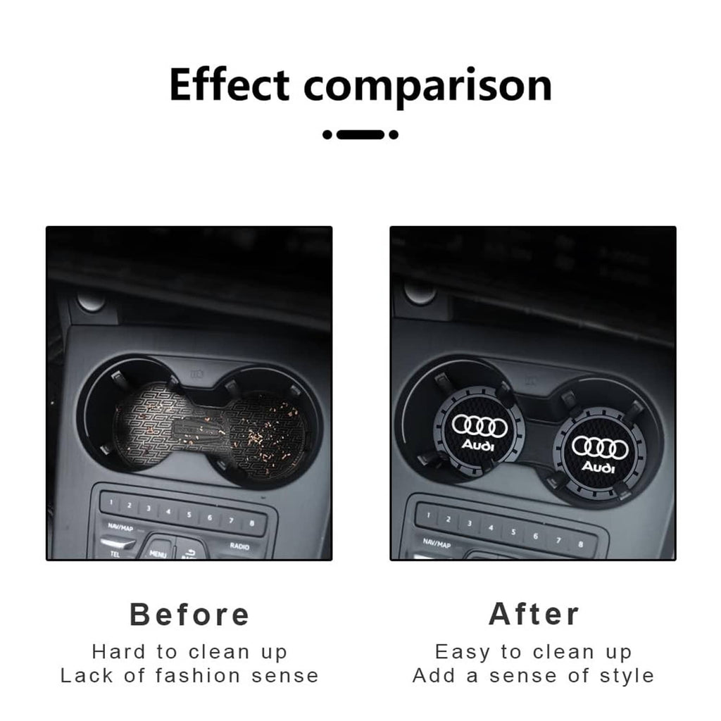 Audi logo car cup holder coasters installed, round black textured pieces with grey ring