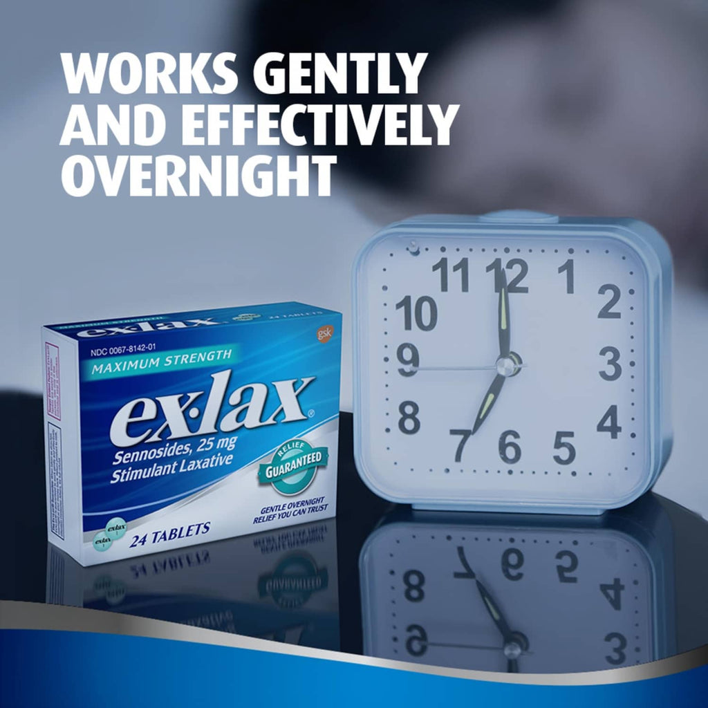 Ex-Lax maximum strength box with overnight relief clock graphic