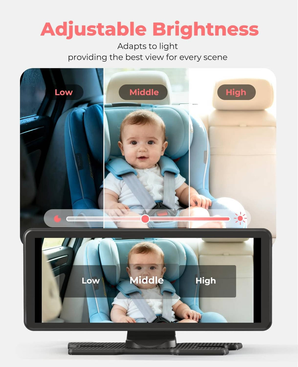 Dual-camera baby monitor with adjustable brightness shown on the screen