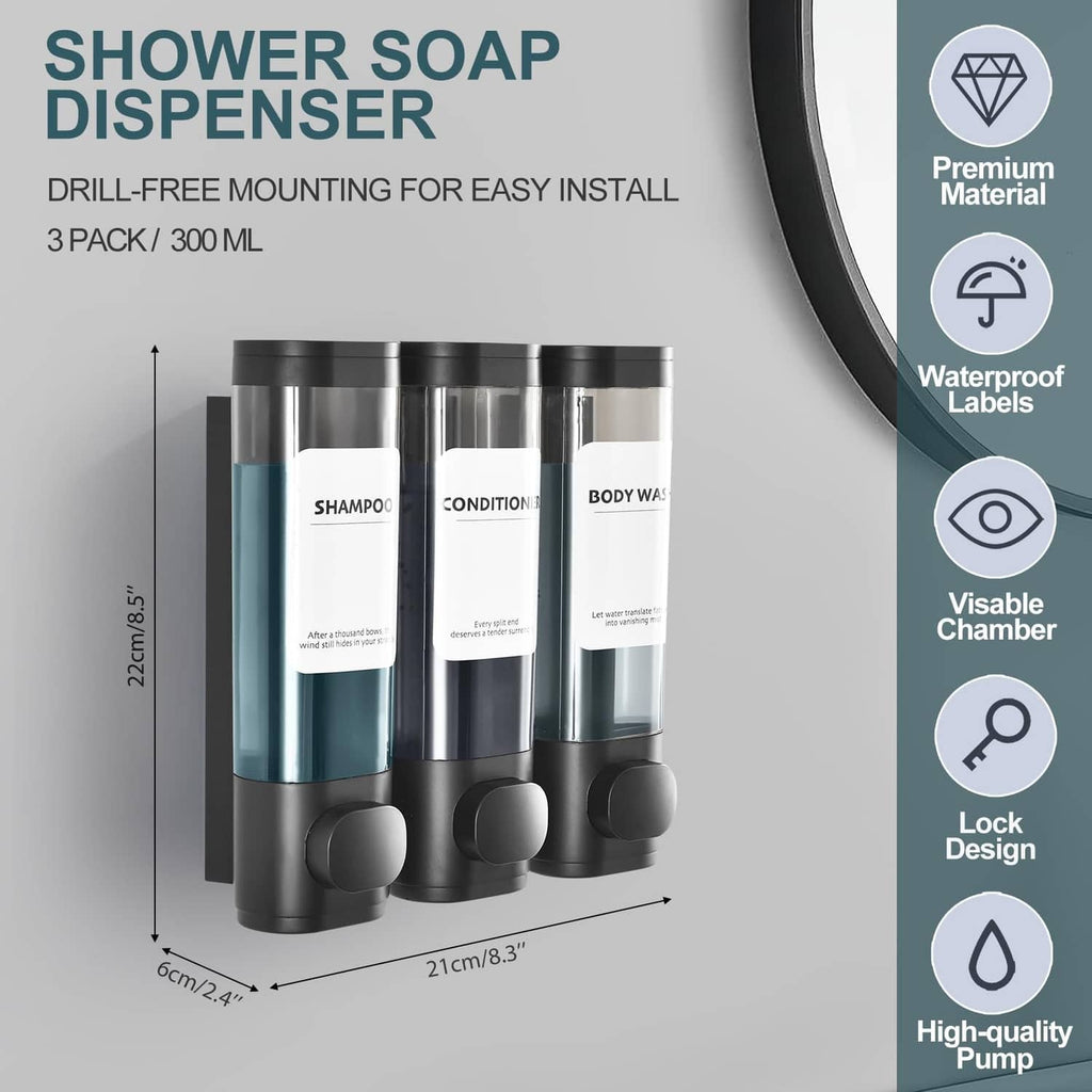 3-chamber black shower soap dispenser set with drill-free wall mounting