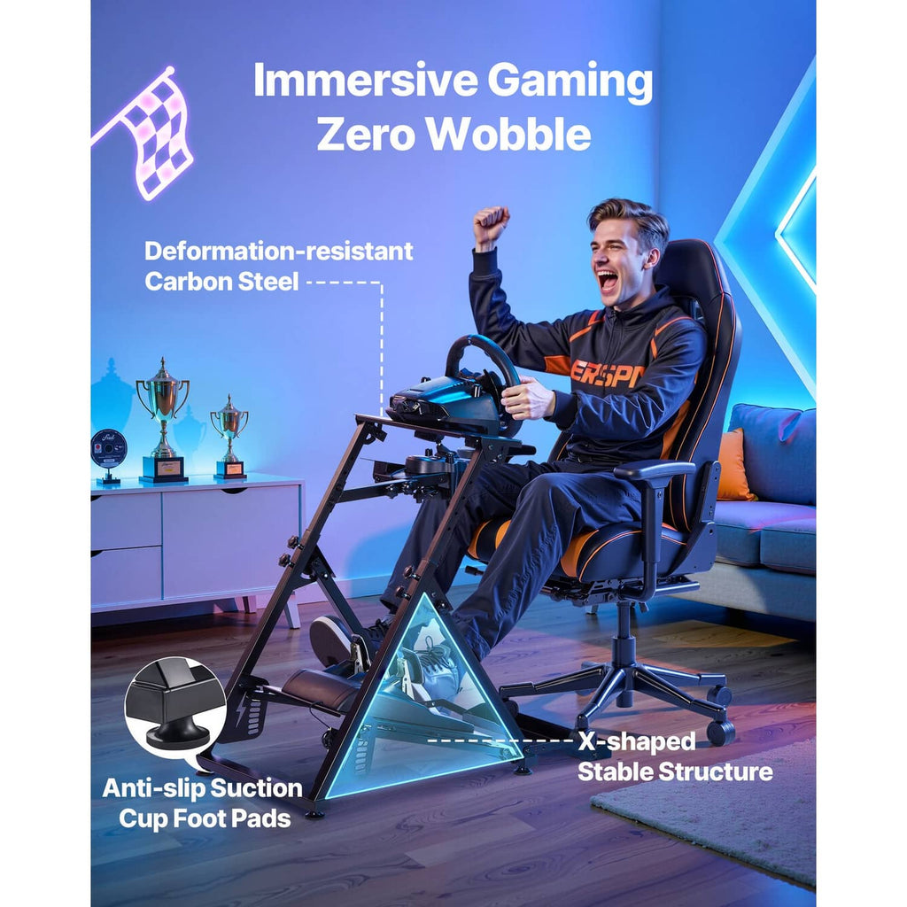 Racing wheel stand with anti-slip suction cup foot pads and stable metal base
