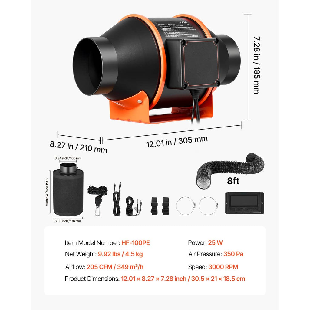 Compact 4-inch inline duct fan kit with black housing and orange accents, with dimensions