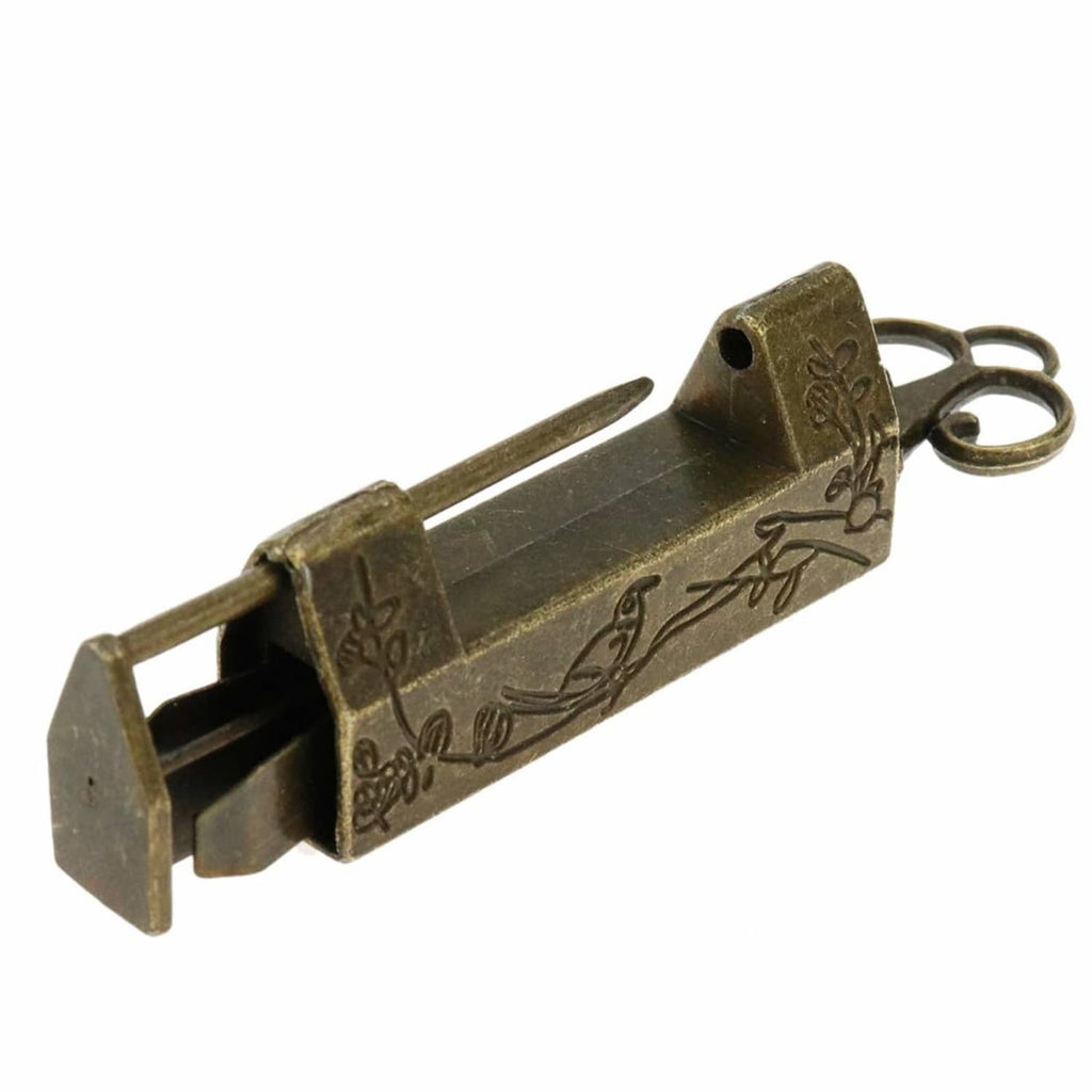 Antique bronze padlock with bird and flower engravings, includes a metal key ring