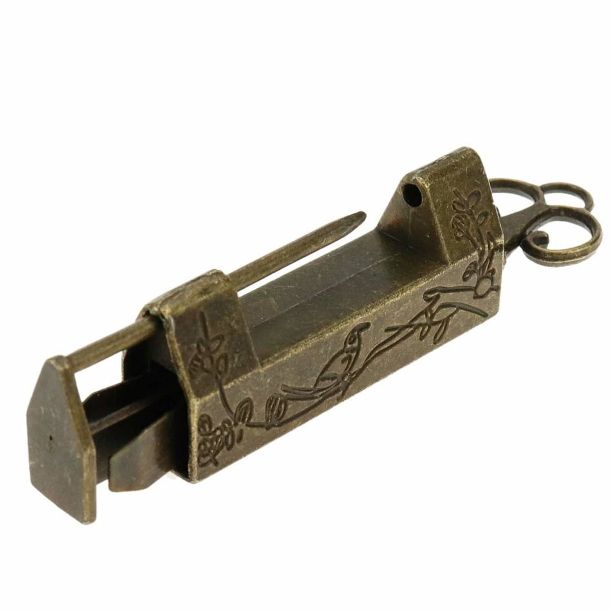 Antique bronze padlock with bird and flower engravings, includes a metal key ring