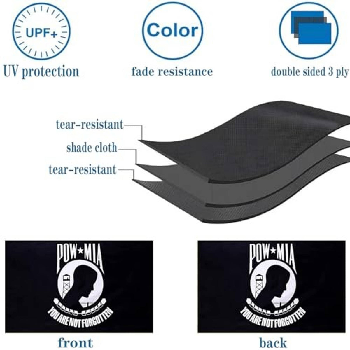 Folded black double-sided 3-ply flag with UPF+ UV protection and fade resistance