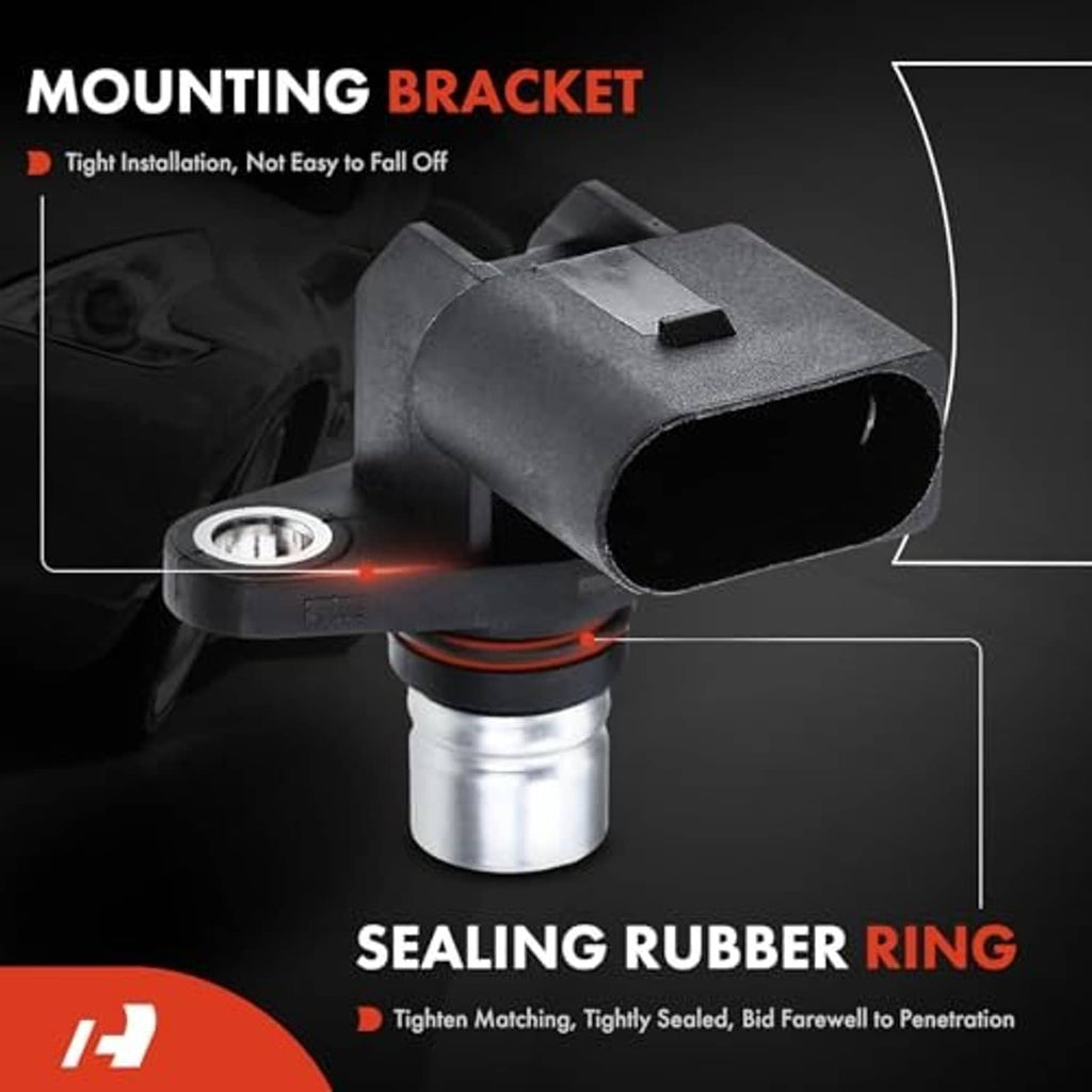 Camshaft position sensor with rubber sealing ring and black mounting bracket.