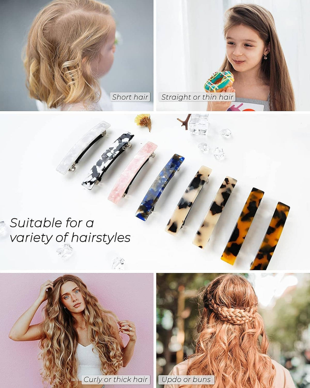 Assorted hair barrettes laid out, including tortoiseshell, blue, pink, black/white, and clear.