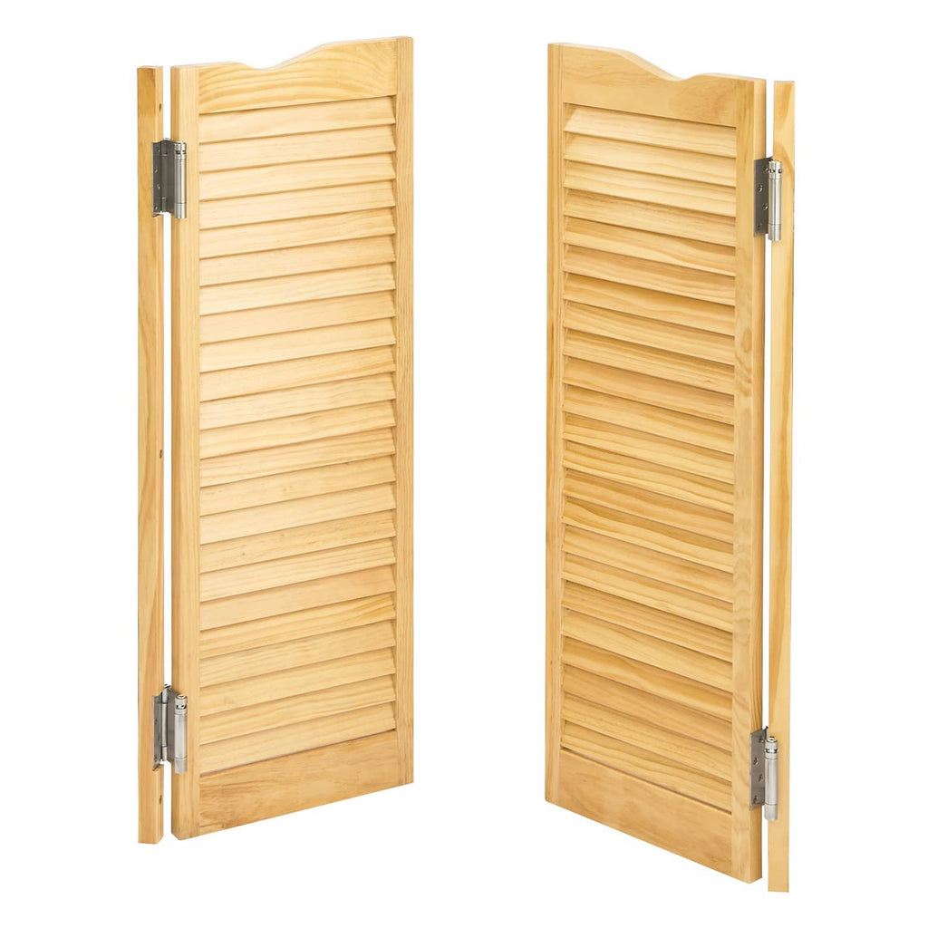 Pair of pine wood swinging saloon doors with shutter slats and metal hinges