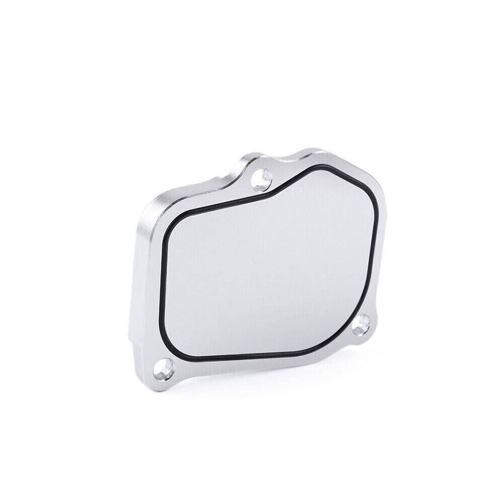 Billet timing cover plate with black gasket seal, close-up of silver body