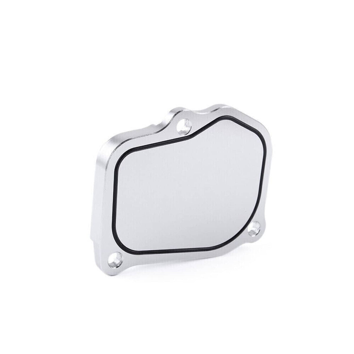 Billet timing cover plate with black gasket seal, close-up of silver body