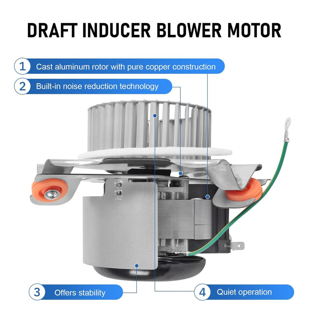 Furnace draft inducer blower motor assembly, cast metal body with orange rubber mounts